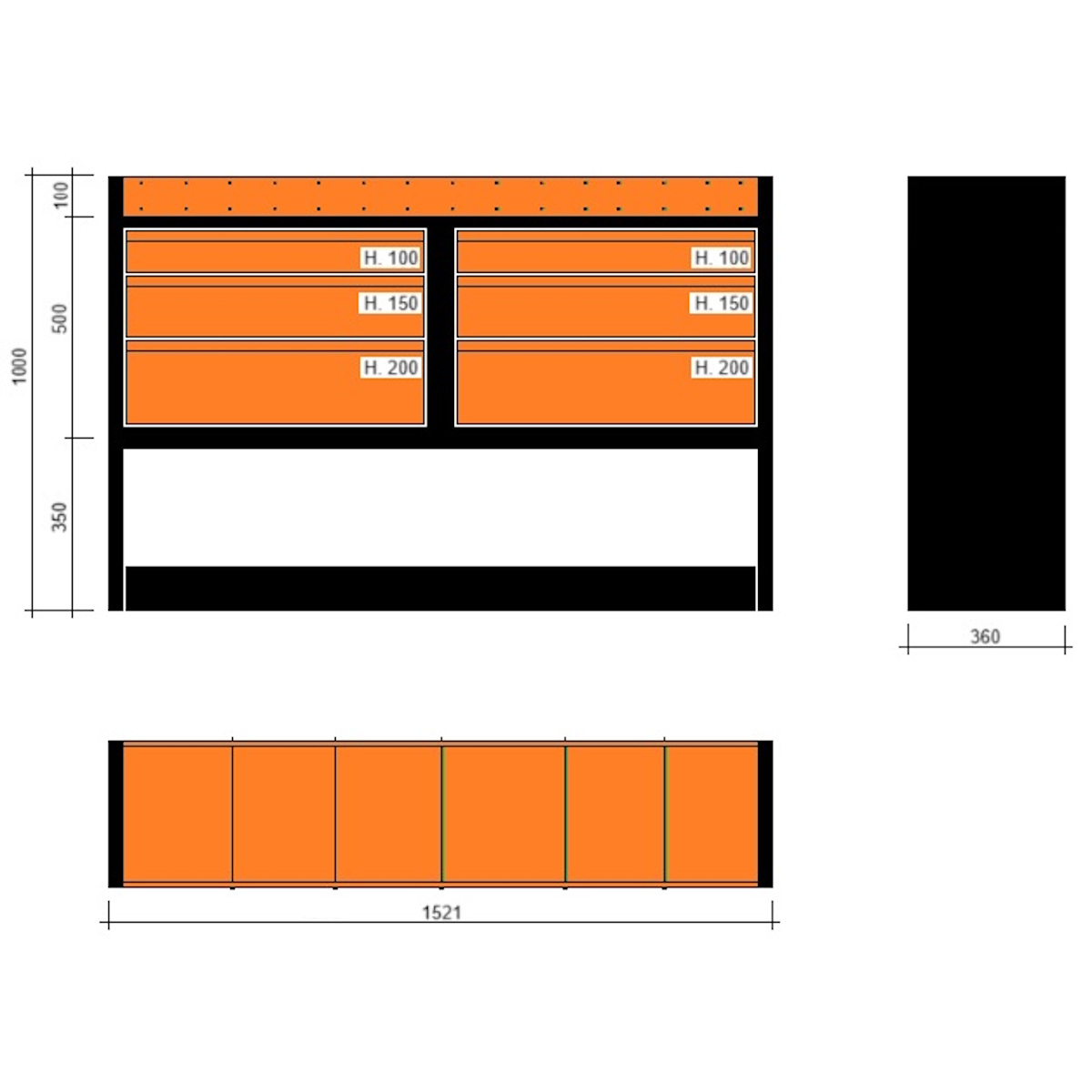 Modulo con cassetti 1521x360x1000h