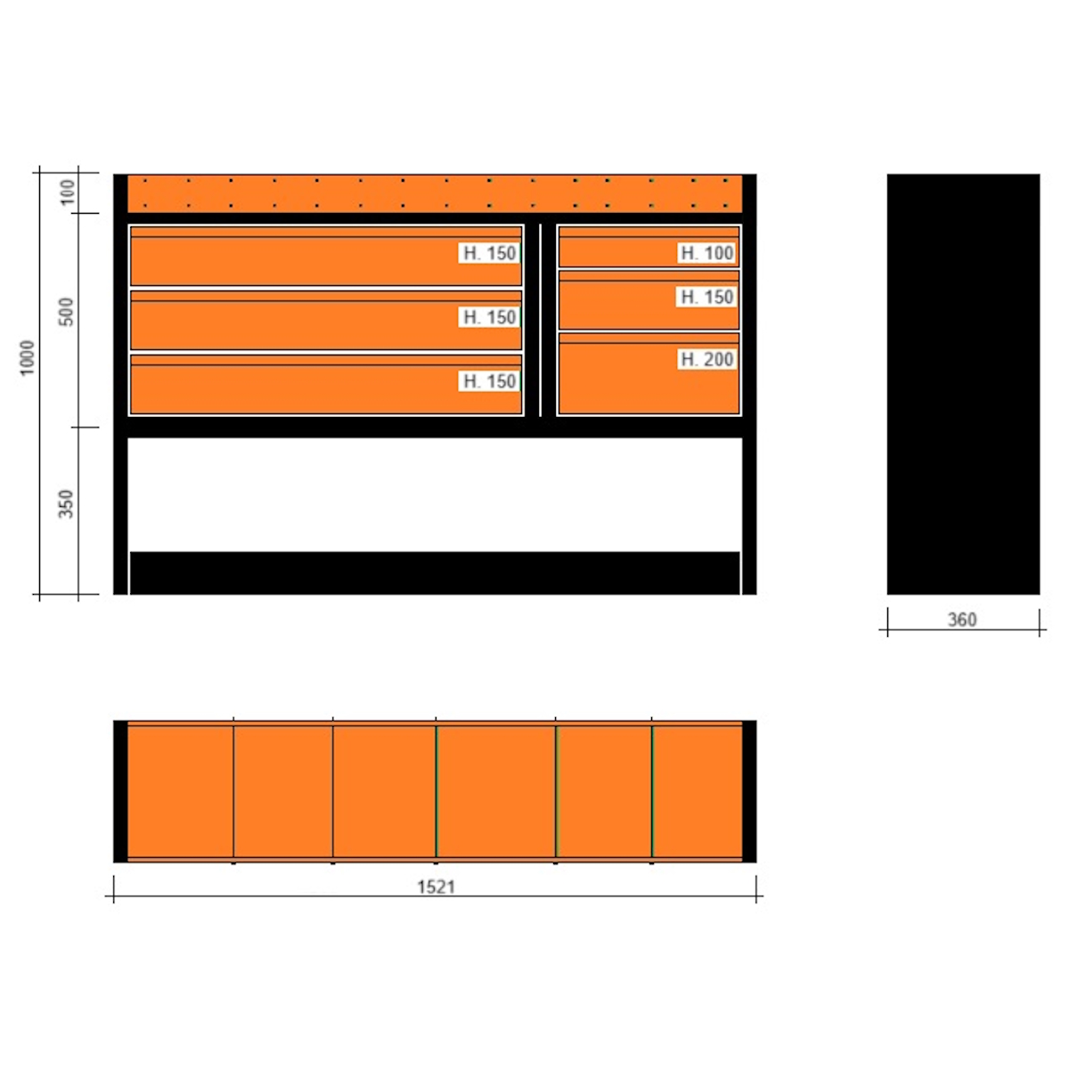 Modulo con cassetti 1521x360x1000h