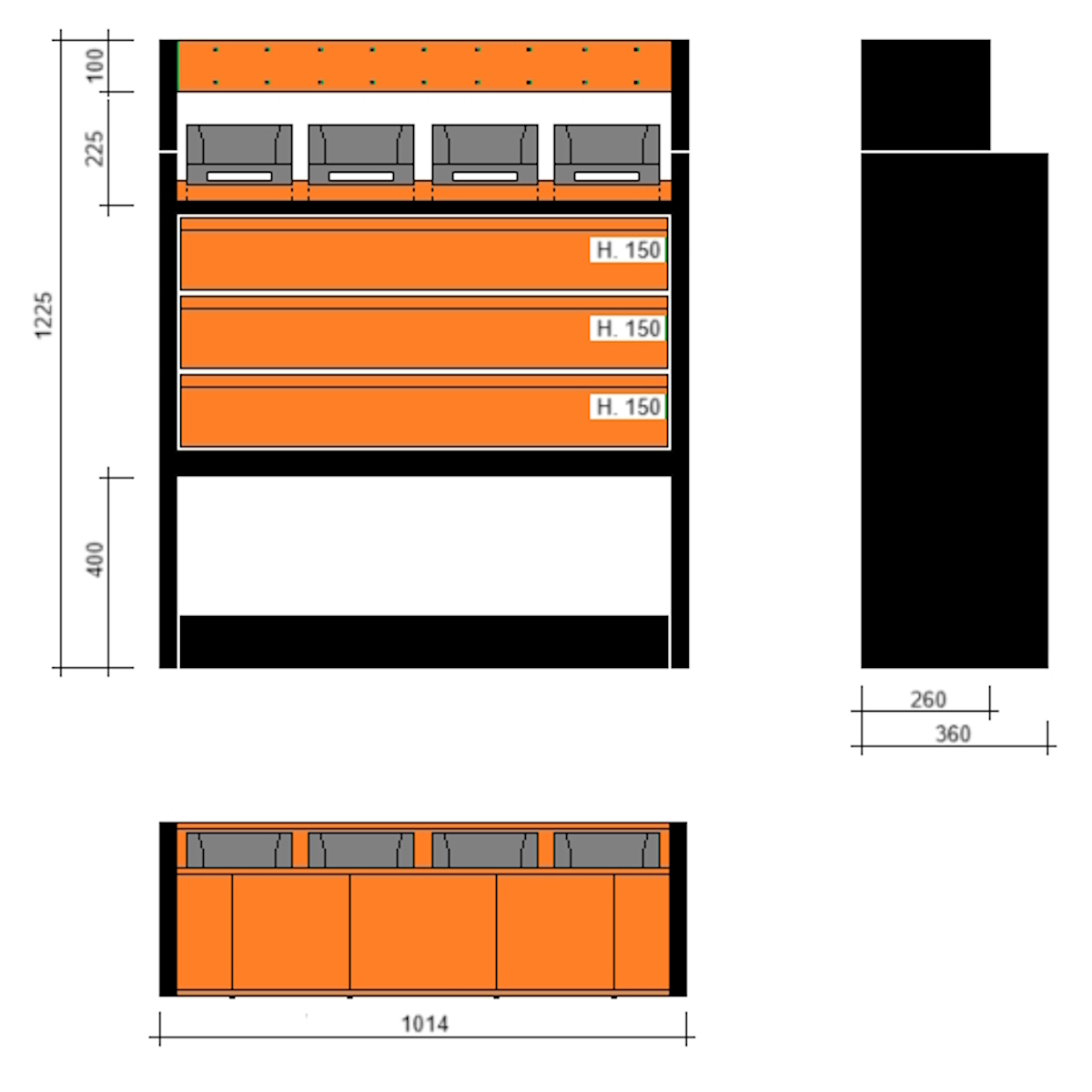Modulo con vasche e cassetti doppia profondità 1014x360x1225h