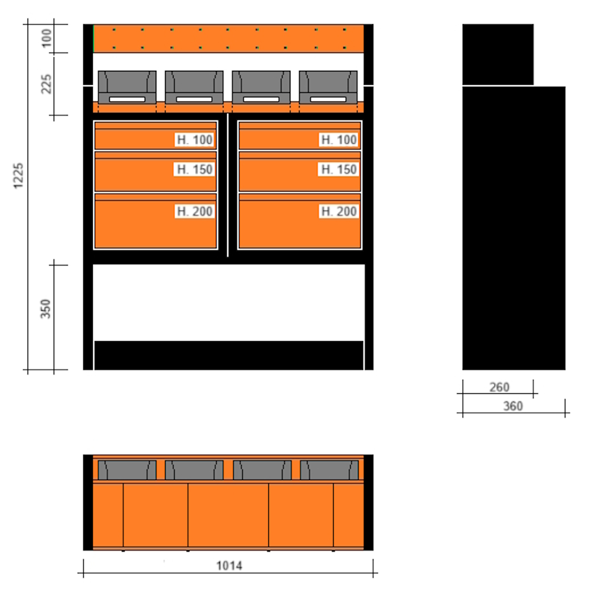 Modulo con vasche e cassetti doppia profondità 1014x360x1225h
