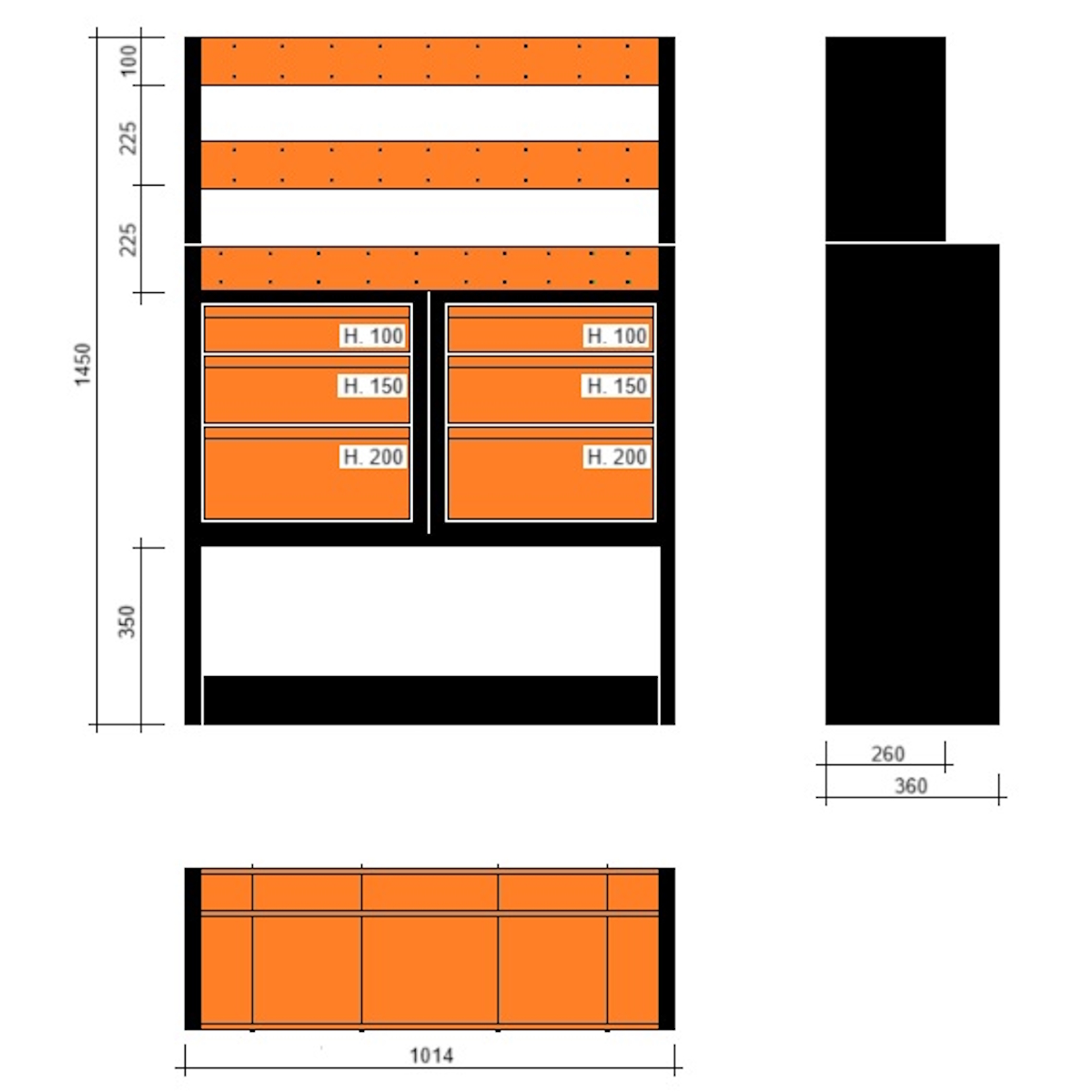Modulo con vasche e cassetti doppia profondità 1014x360x1450h