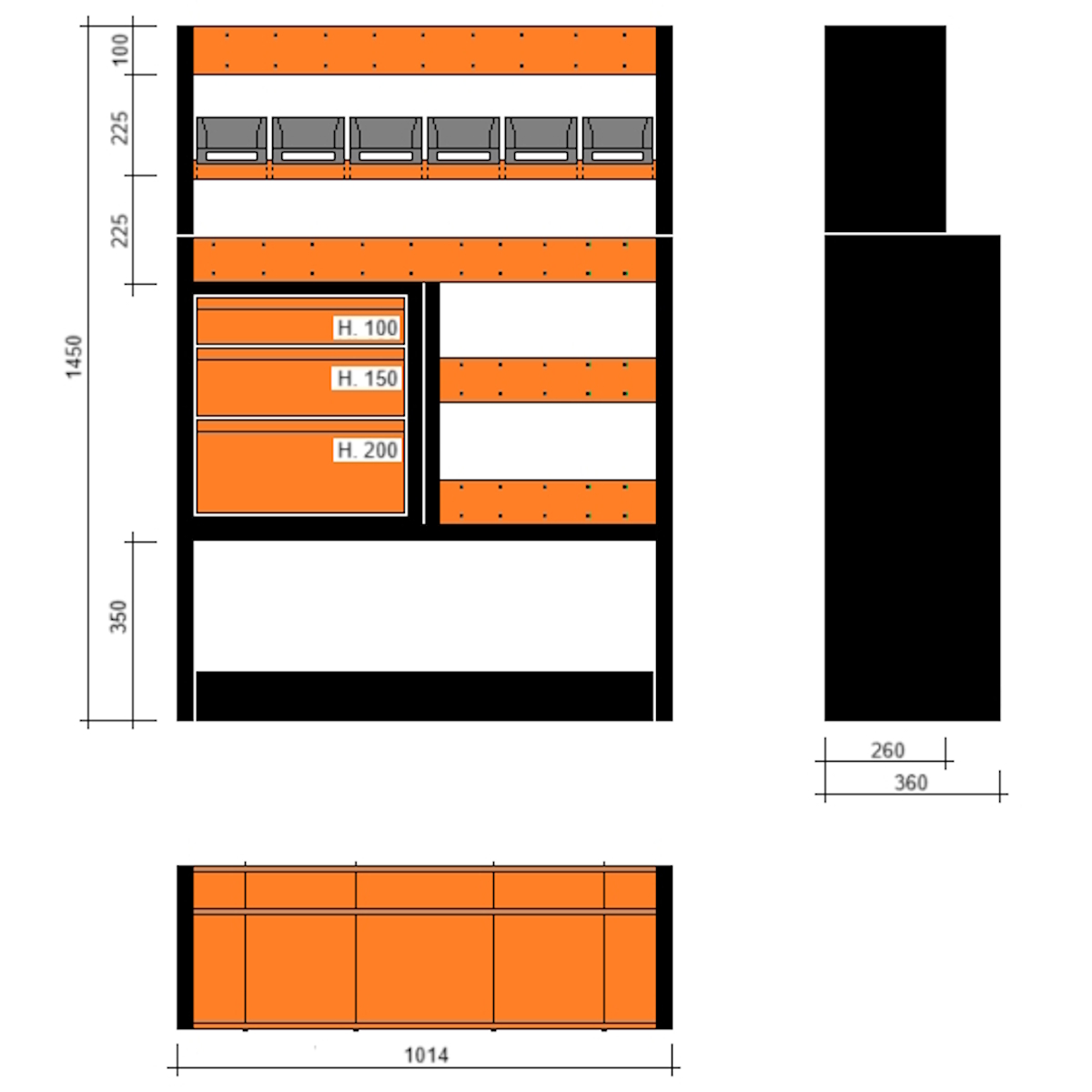 Modulo con vasche e cassetti doppia profondità 1014x360x1450h
