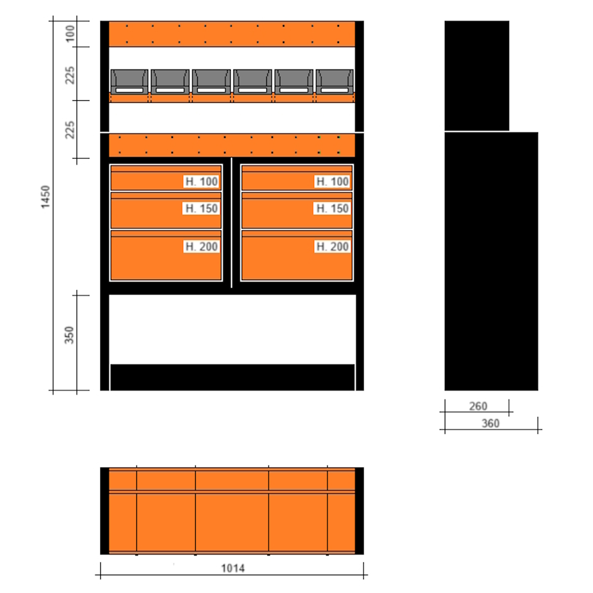 Modulo con vasche e cassetti doppia profondità 1014x360x1450h