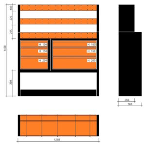 Modulo con vasche e cassetti doppia profondità 1268x360x1450h