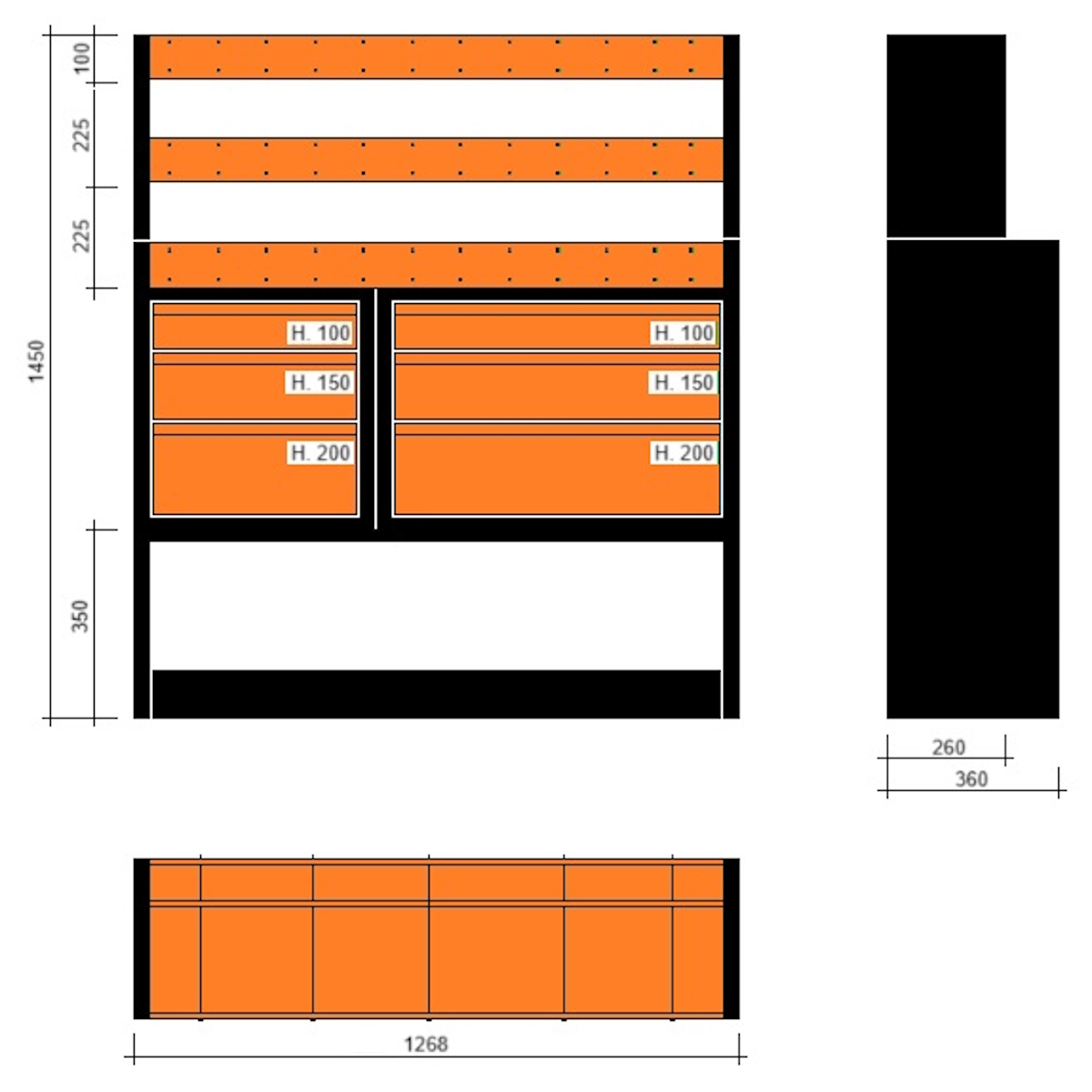 Modulo con vasche e cassetti doppia profondità 1268x360x1450h