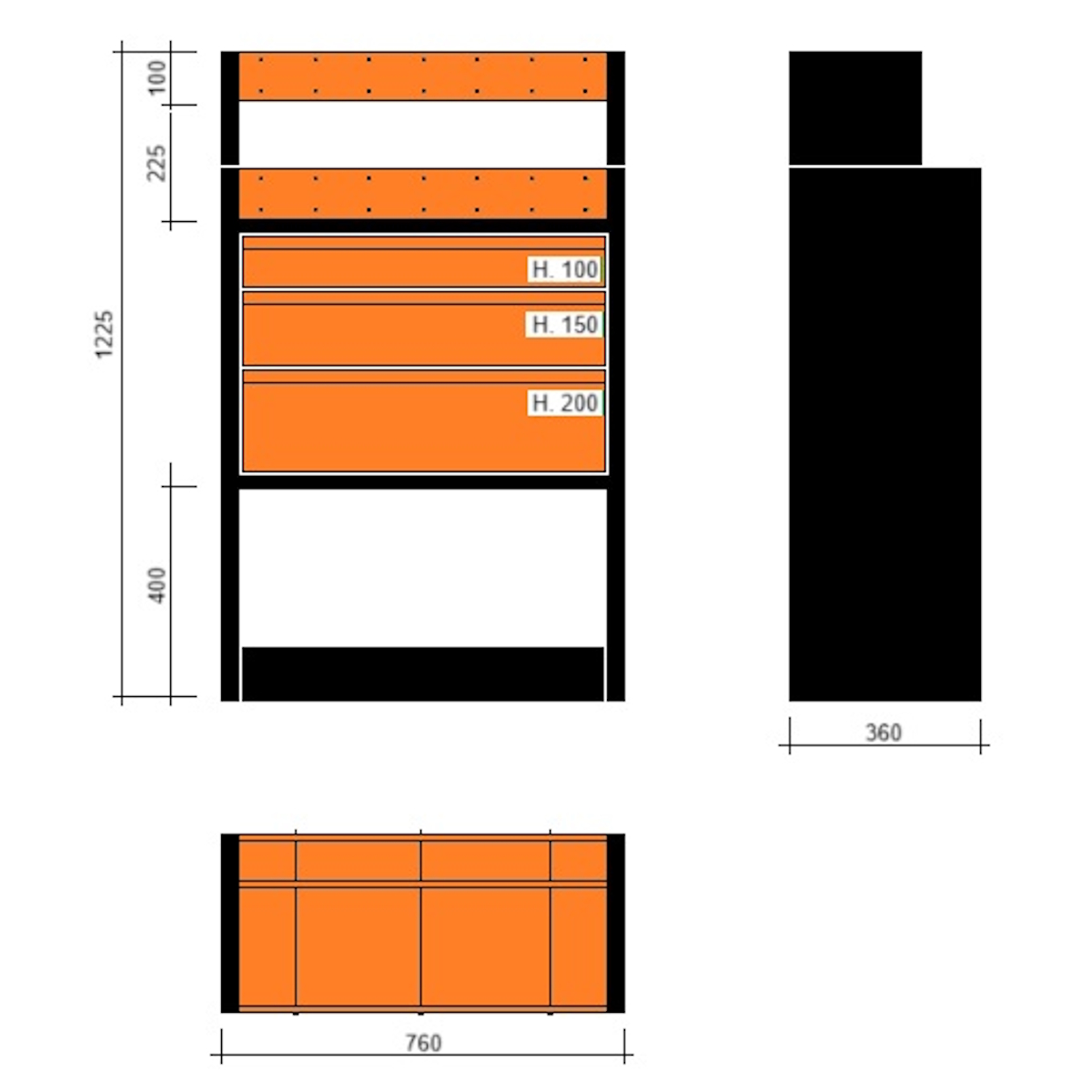 Modulo con vasche e cassetti doppia profondità 760x360x1225h