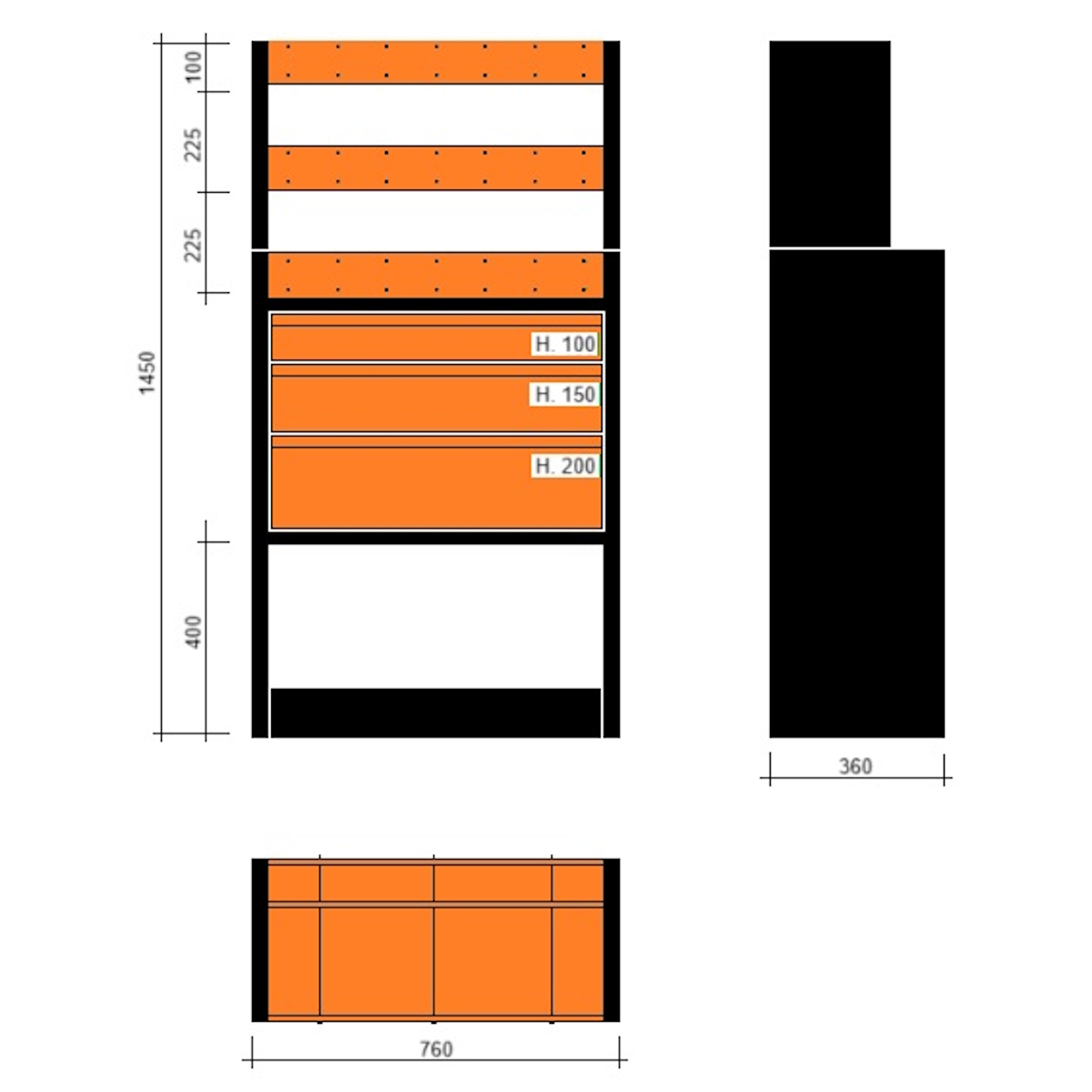 Modulo con vasche e cassetti doppia profondità 760x360x1450h