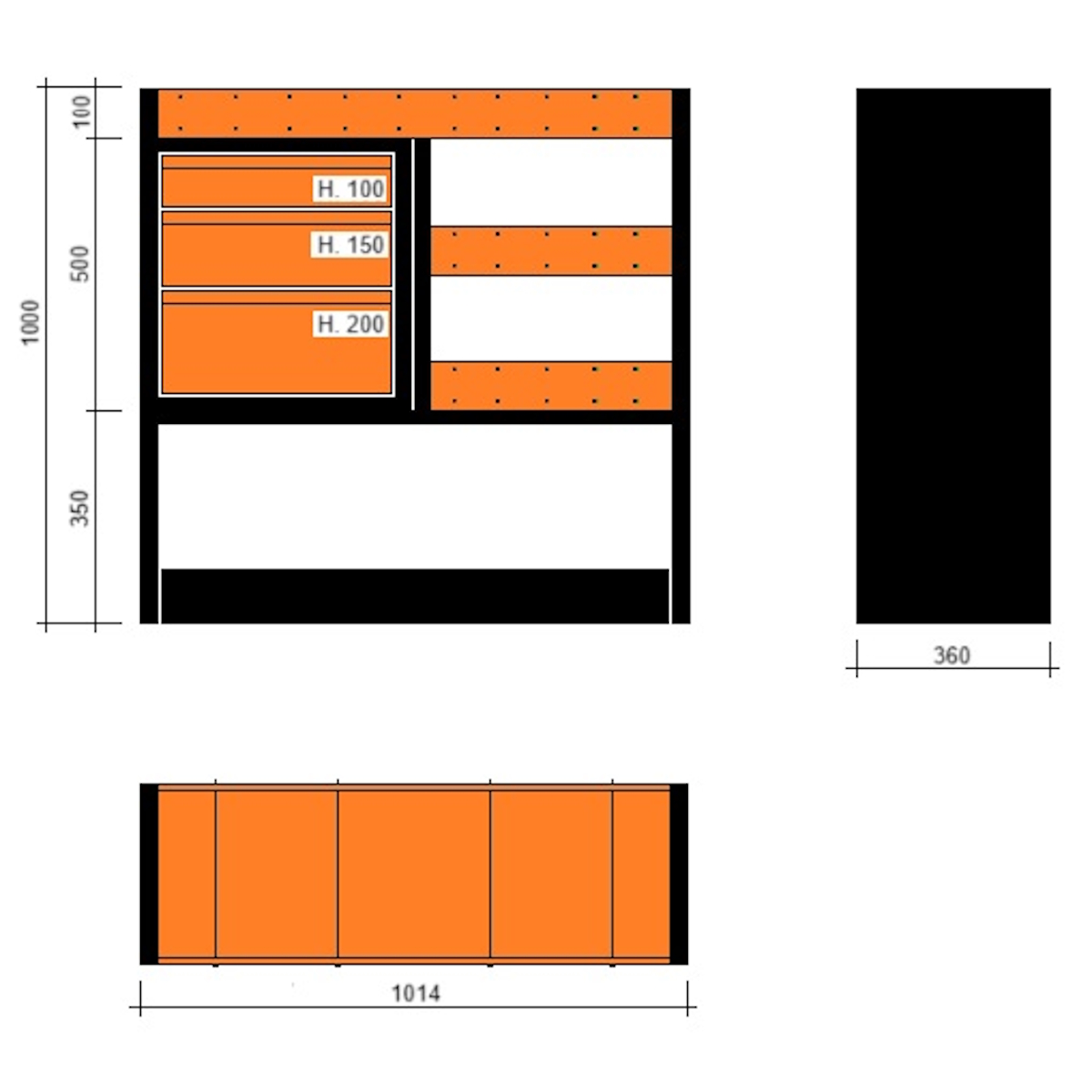 Modulo con vasche e cassetti 1014x360x1000h