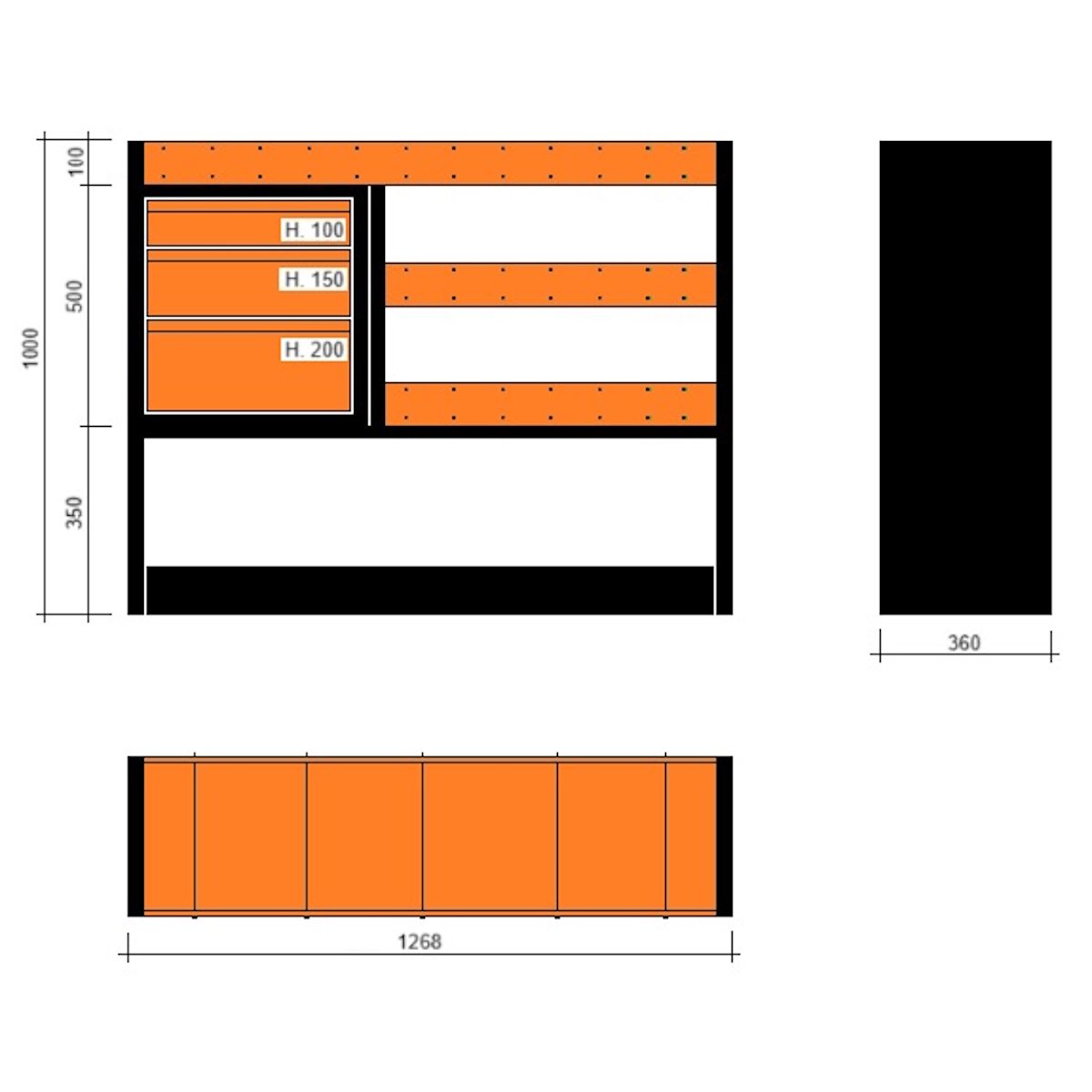 Modulo con vasche e cassetti 1268x360x1000h