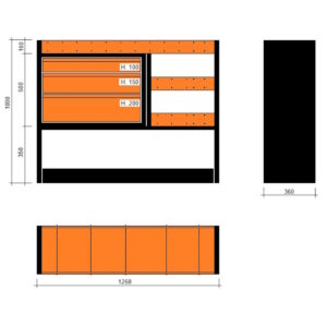Modulo con vasche e cassetti 1268x360x1000h