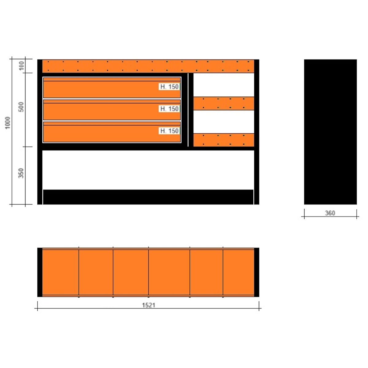 Modulo con vasche e cassetti 1521x360x1000h