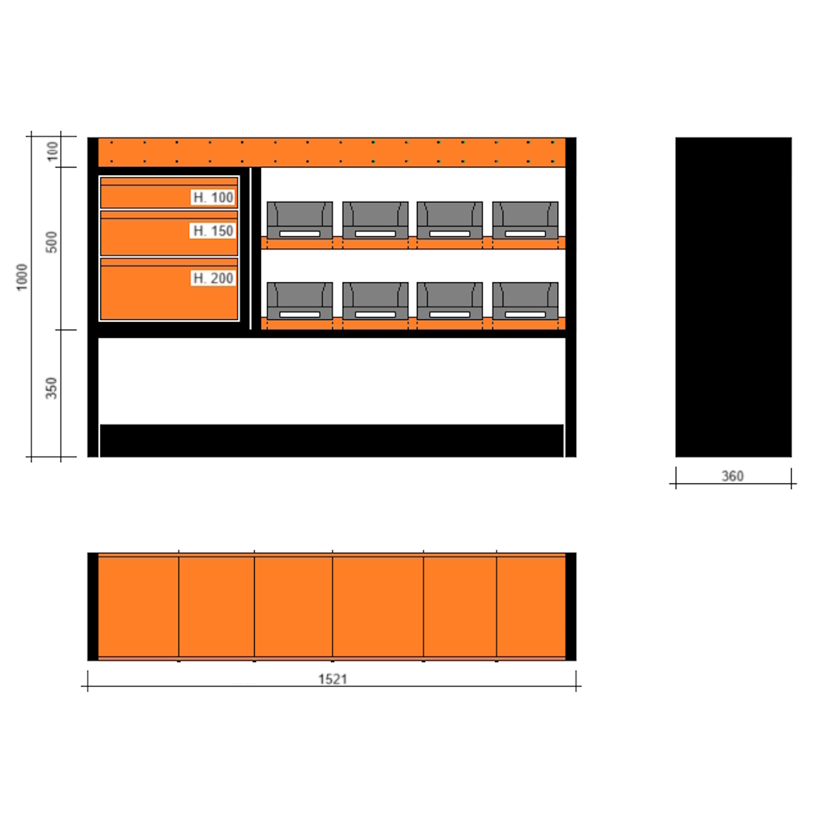 Modulo con vasche e cassetti 1521x360x1000h