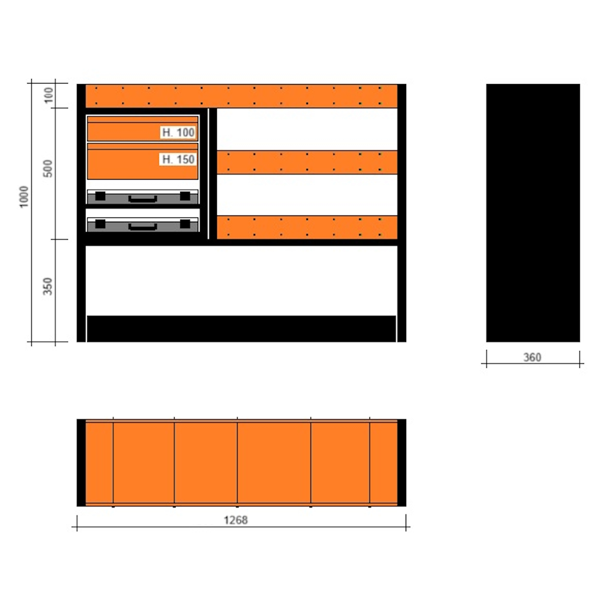 Modulo con cassetti e valigette 1268x360x1000h